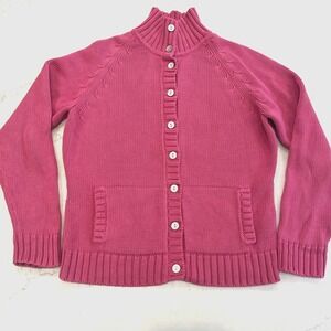 Lands End Cardigan Sweater 100% Cotton Shell Buttons Pink Pockets Large Japan